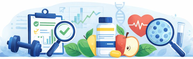 Header image showing a variety of health icons including weights, fruit, and supplements